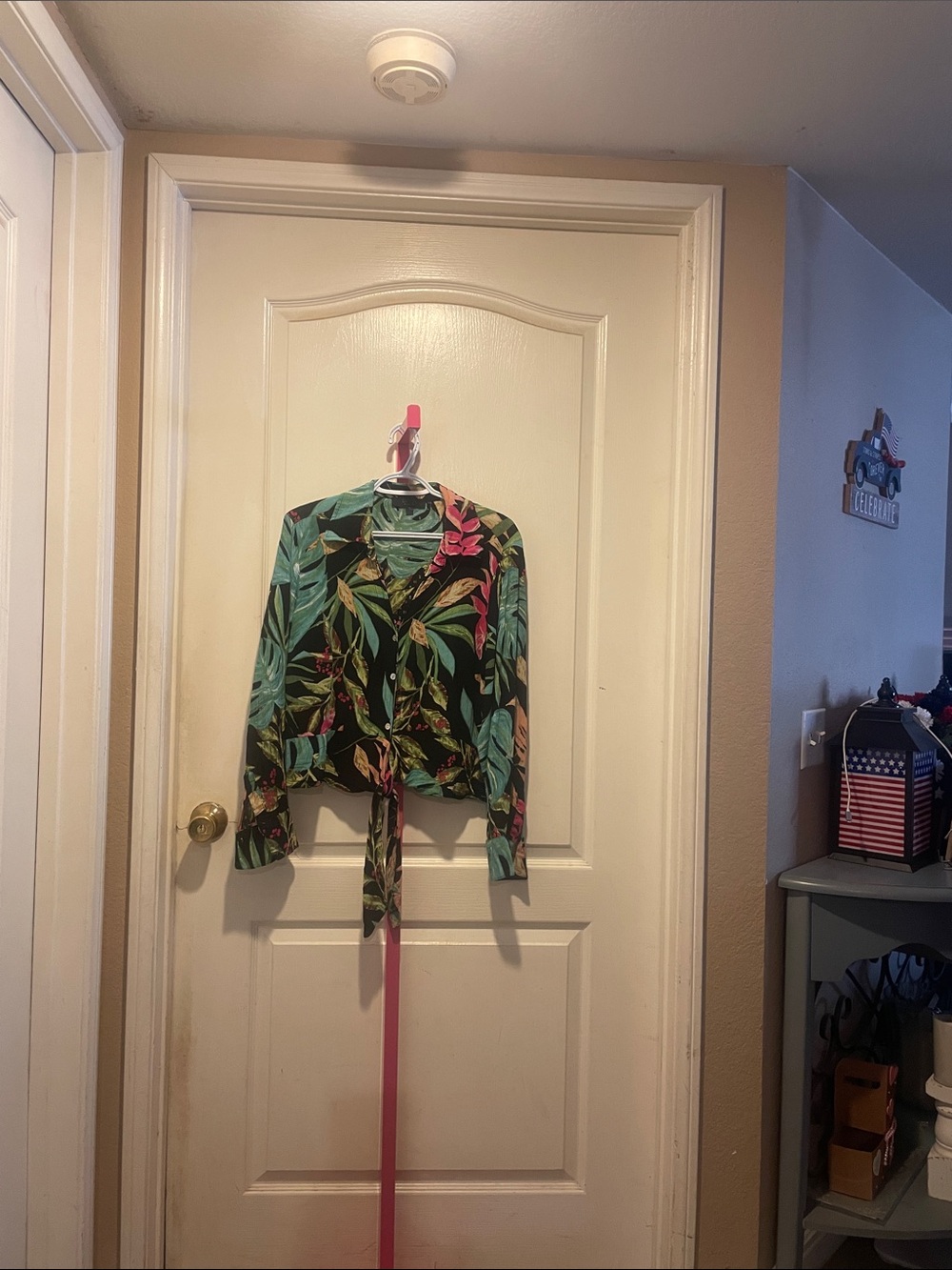 RACHEL Rachel Roy Tropical Tie-Front Blouse - Black with Green & Pink Leaf Print